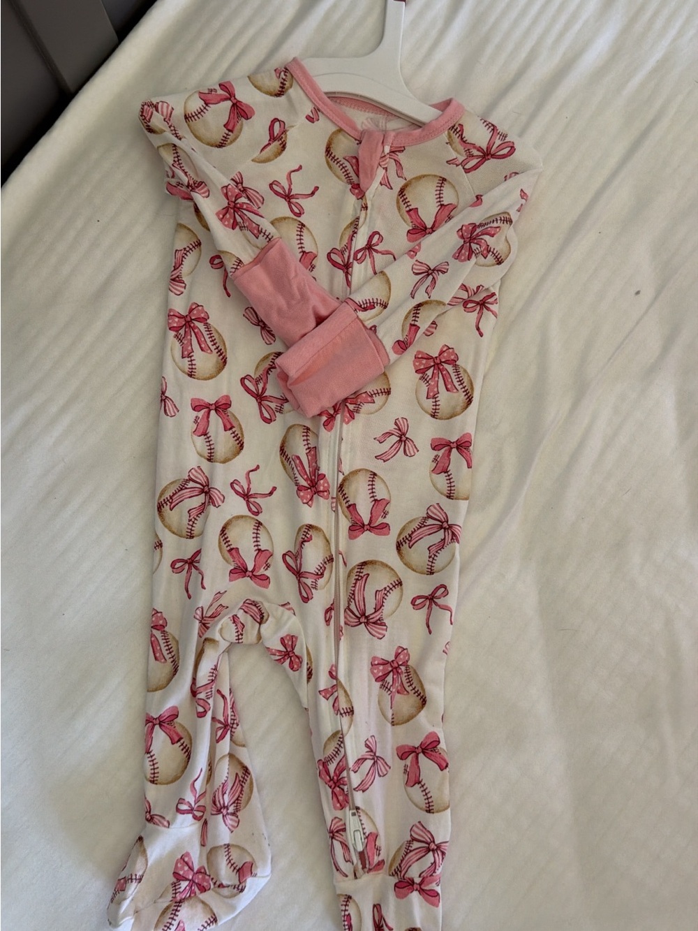 Pink Baseball Bow Footed One-Piece Pajamas